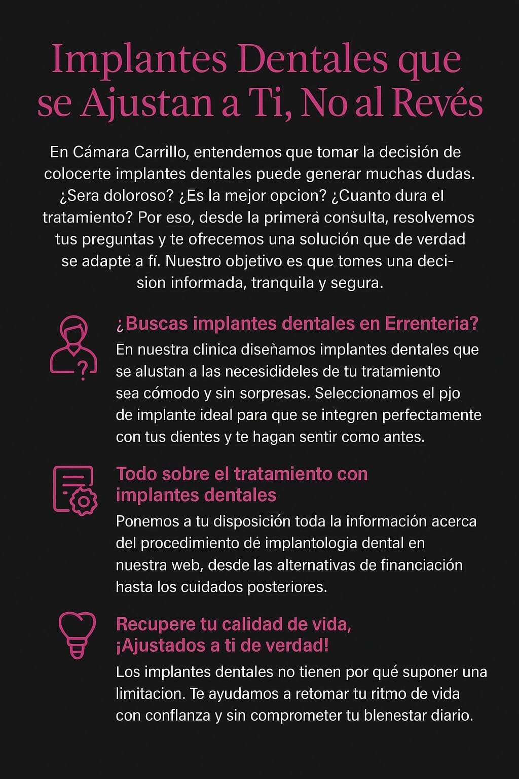 Imagen promocional de Cámara Carrillo sobre implantes dentales personalizados en Errenteria, con diseño elegante en negro, gris y fucsia.