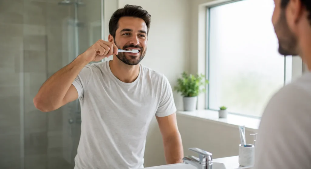 cepillar correctamente los dientes, imagen de adulto caucásico limpiando sus dientes